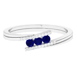 0.50 CT Blue Sapphire Three Stone Bypass Ring with Diamond Accent