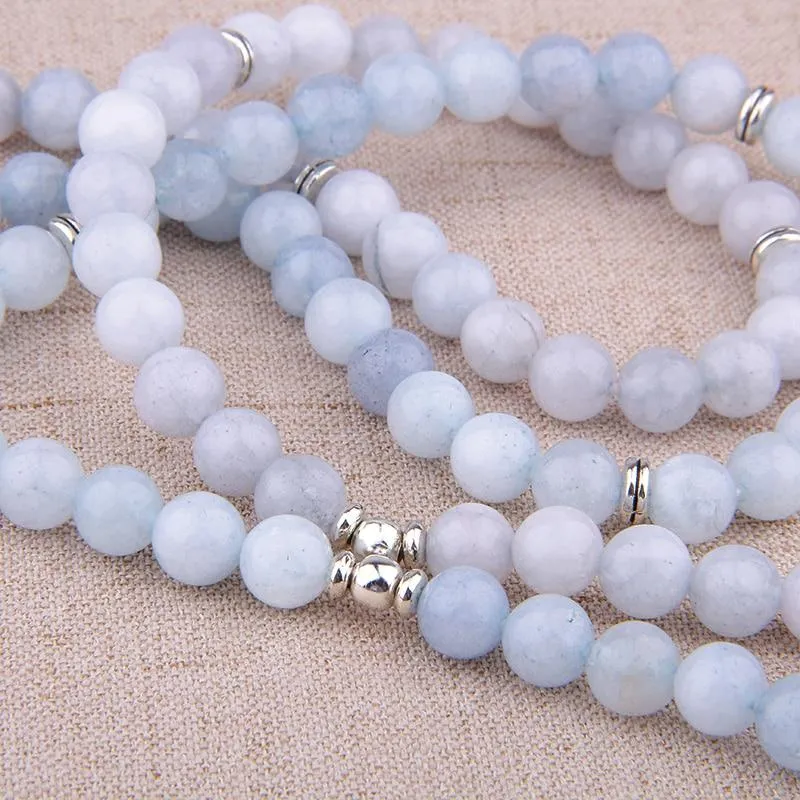 108 Aquamarin Beads Mala with Lotus Charm