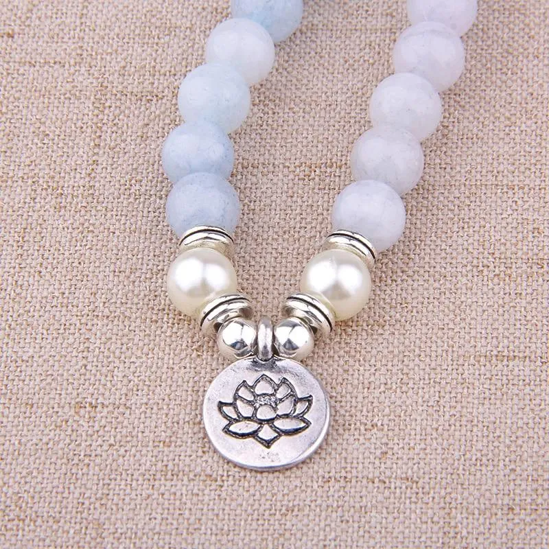 108 Aquamarin Beads Mala with Lotus Charm