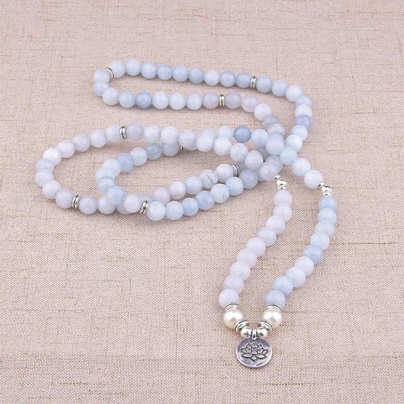 108 Aquamarin Beads Mala with Lotus Charm