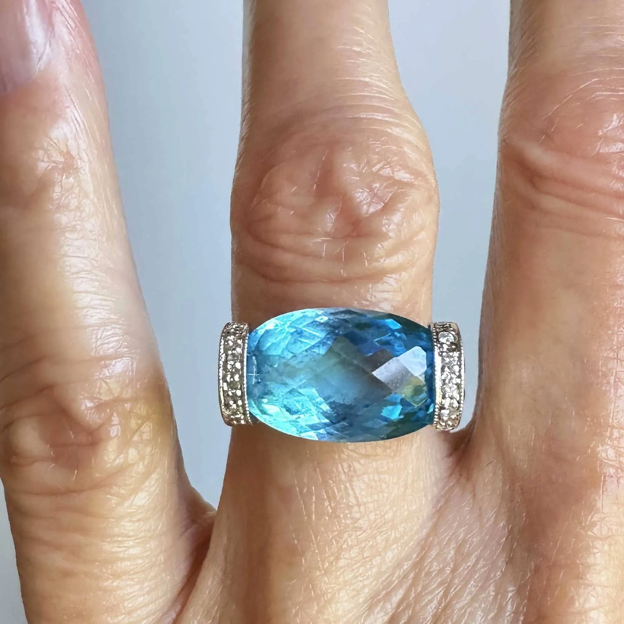 14K White Gold Checkerboard Blue Topaz Diamond East West Ring