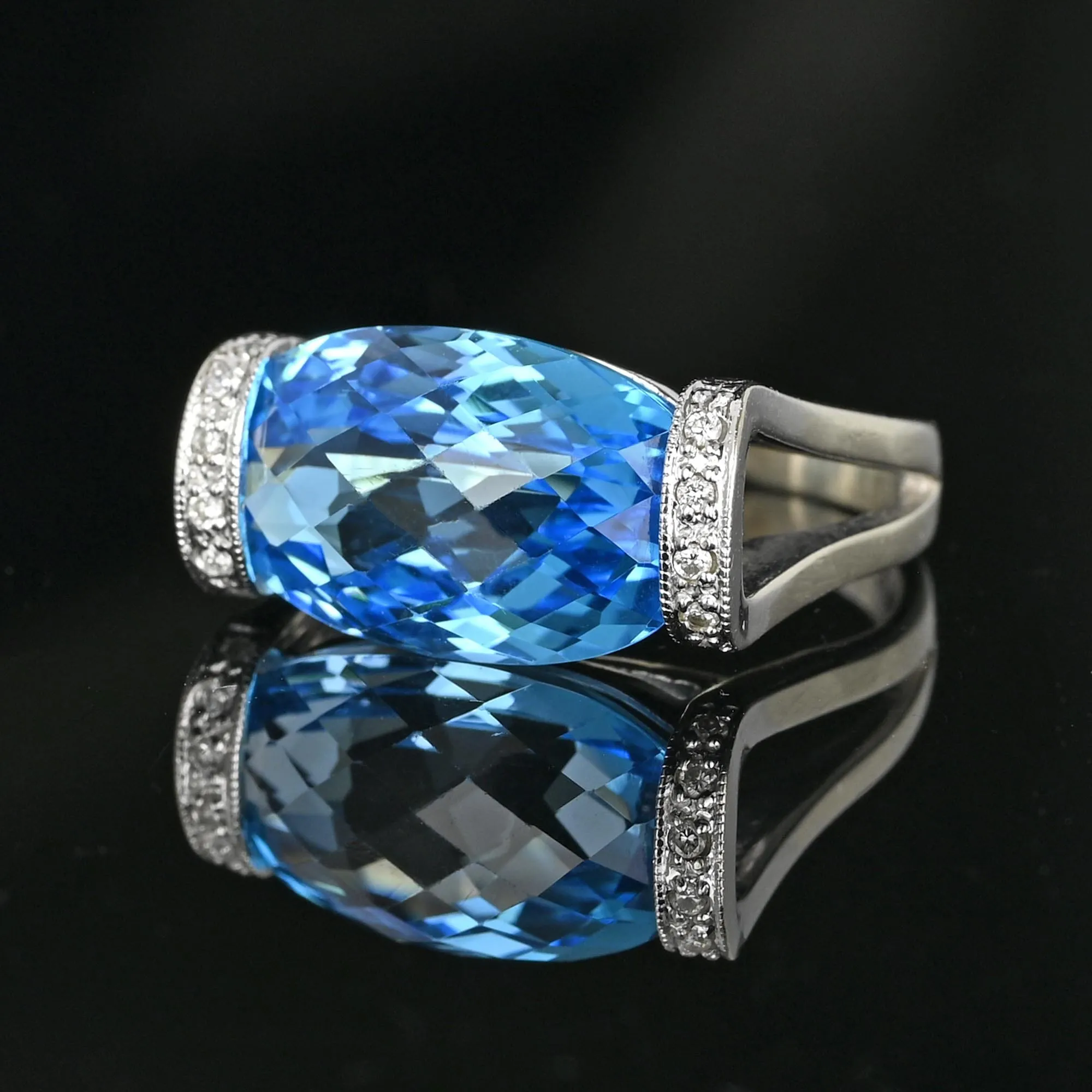 14K White Gold Checkerboard Blue Topaz Diamond East West Ring