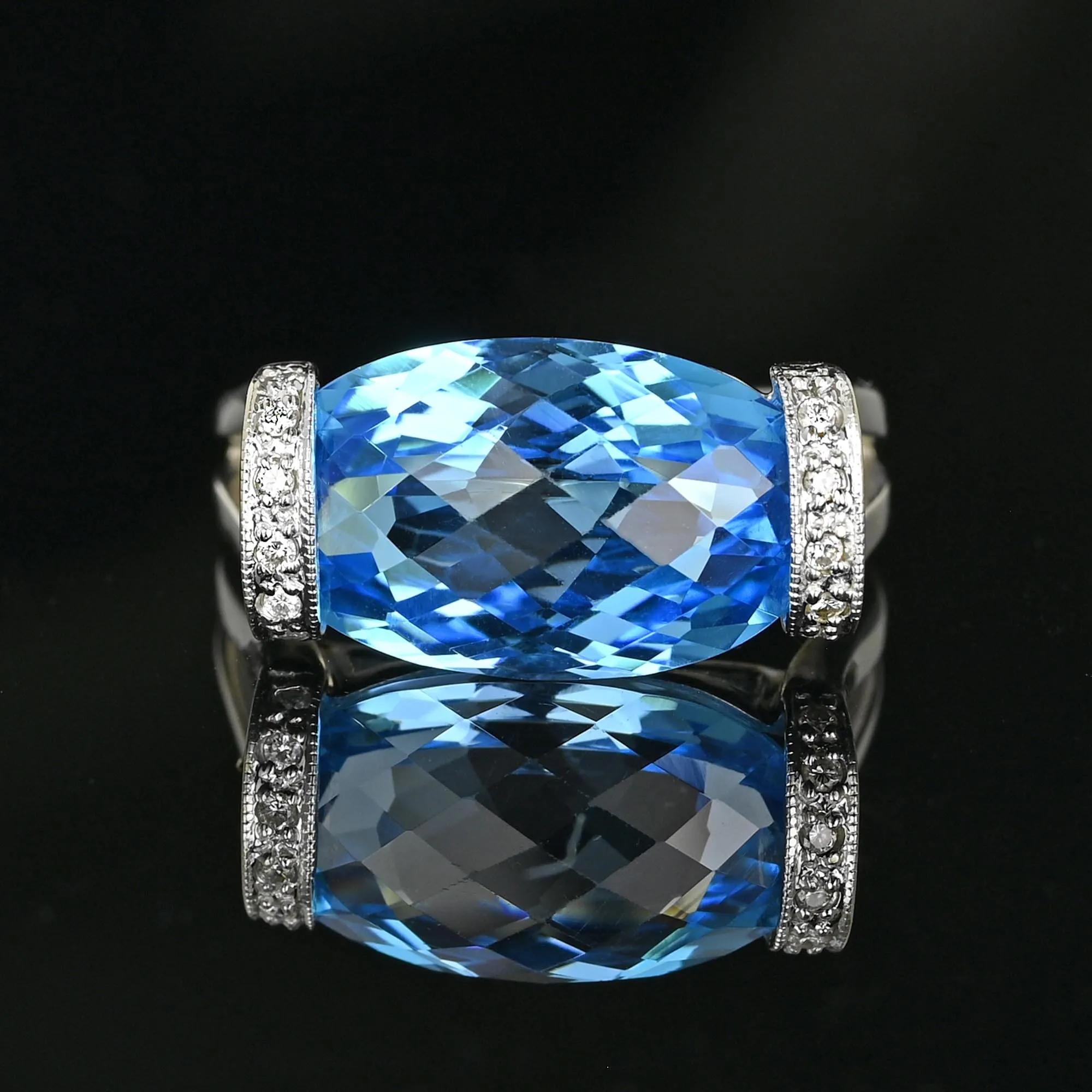 14K White Gold Checkerboard Blue Topaz Diamond East West Ring