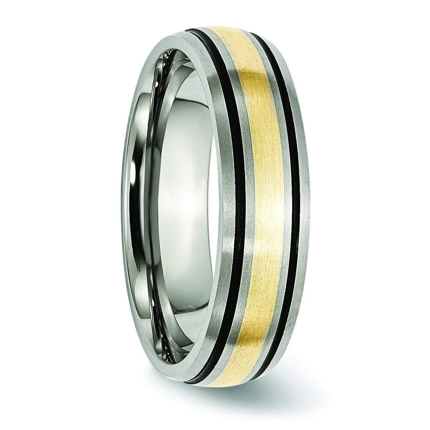 14k Yellow Gold & Black Inlay Titanium Ring Matte Finish in 6mm