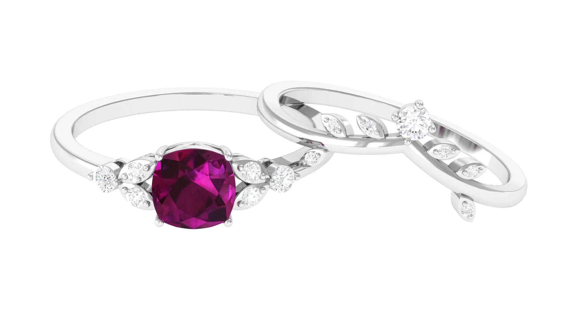 1.75 CT Rhodolite and Diamond Ring Set with Leaf Motif