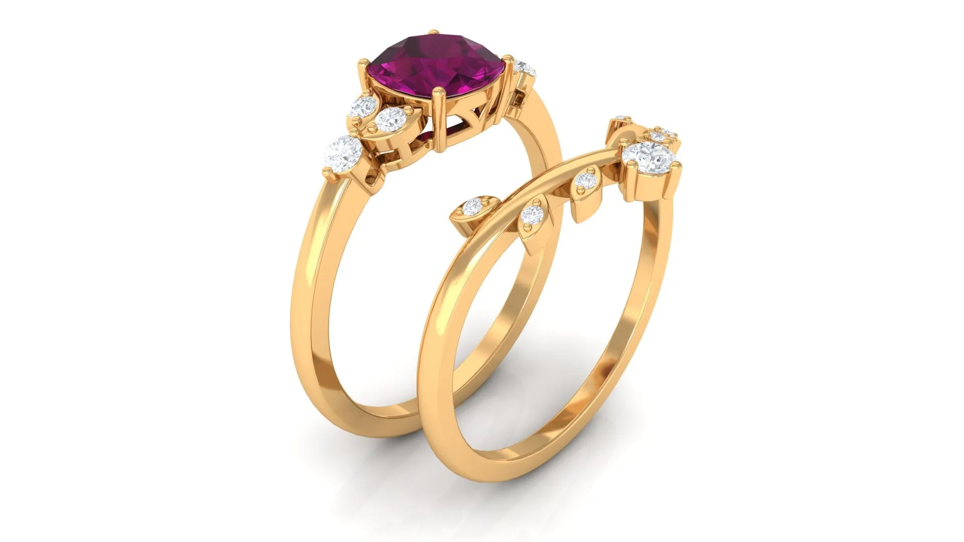 1.75 CT Rhodolite and Diamond Ring Set with Leaf Motif