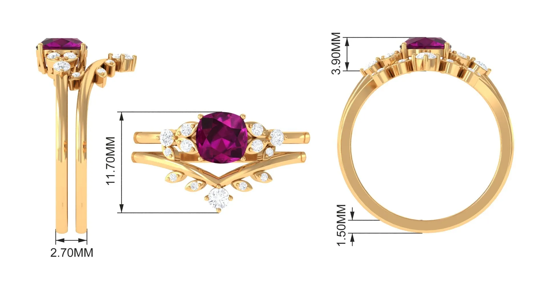 1.75 CT Rhodolite and Diamond Ring Set with Leaf Motif