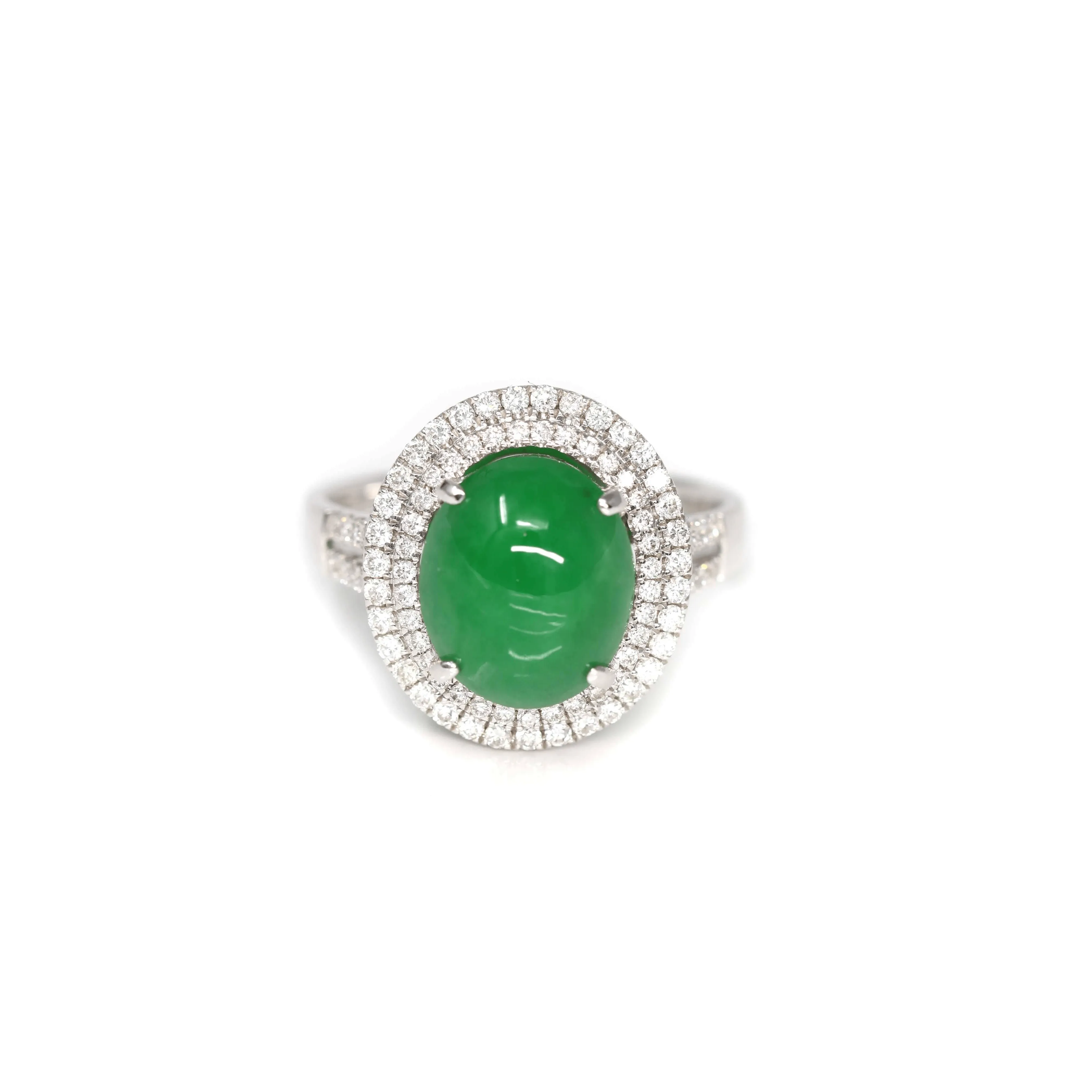 18k White Gold Imperial Green Jadeite Jade Ring With Diamonds