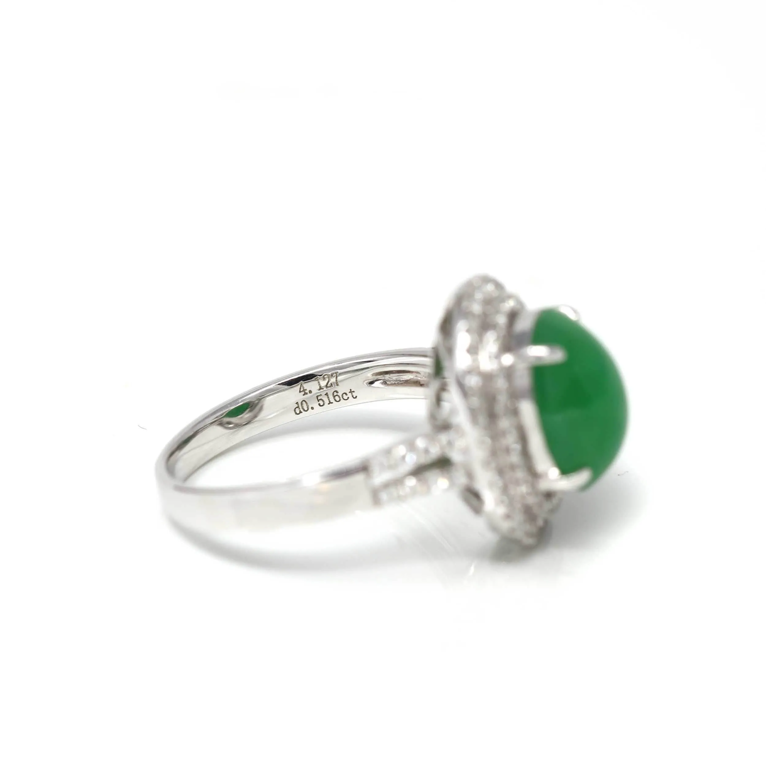 18k White Gold Imperial Green Jadeite Jade Ring With Diamonds