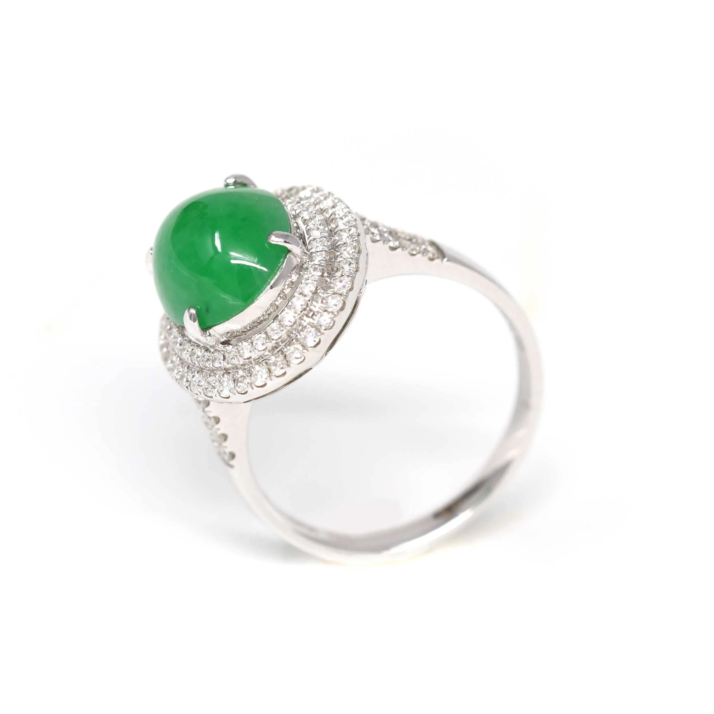 18k White Gold Imperial Green Jadeite Jade Ring With Diamonds