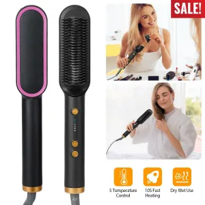 2-in-1 Electric Hair Straightener Brush - Fast Heat Styling and Curling, Adjustable Temperature