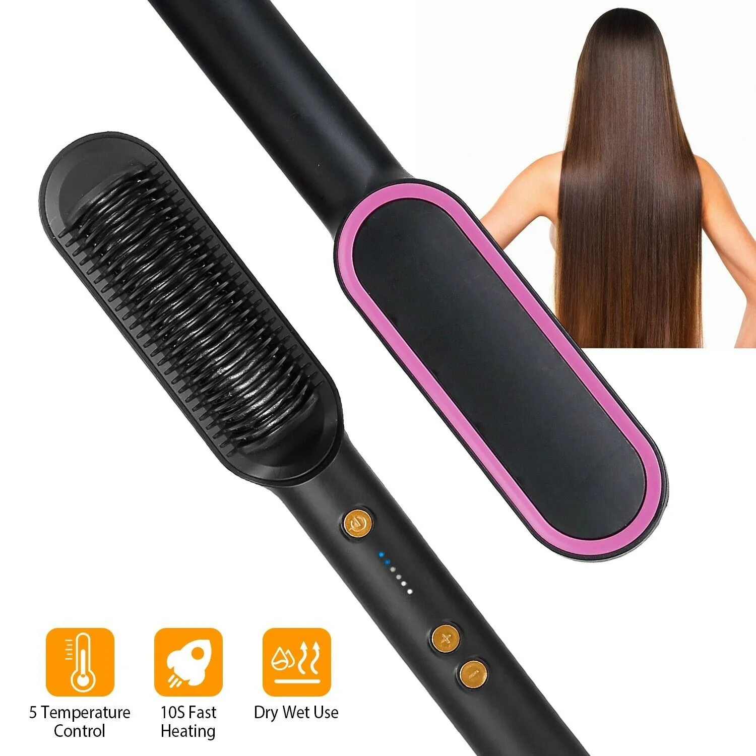 2-in-1 Electric Hair Straightener Brush - Fast Heat Styling and Curling, Adjustable Temperature