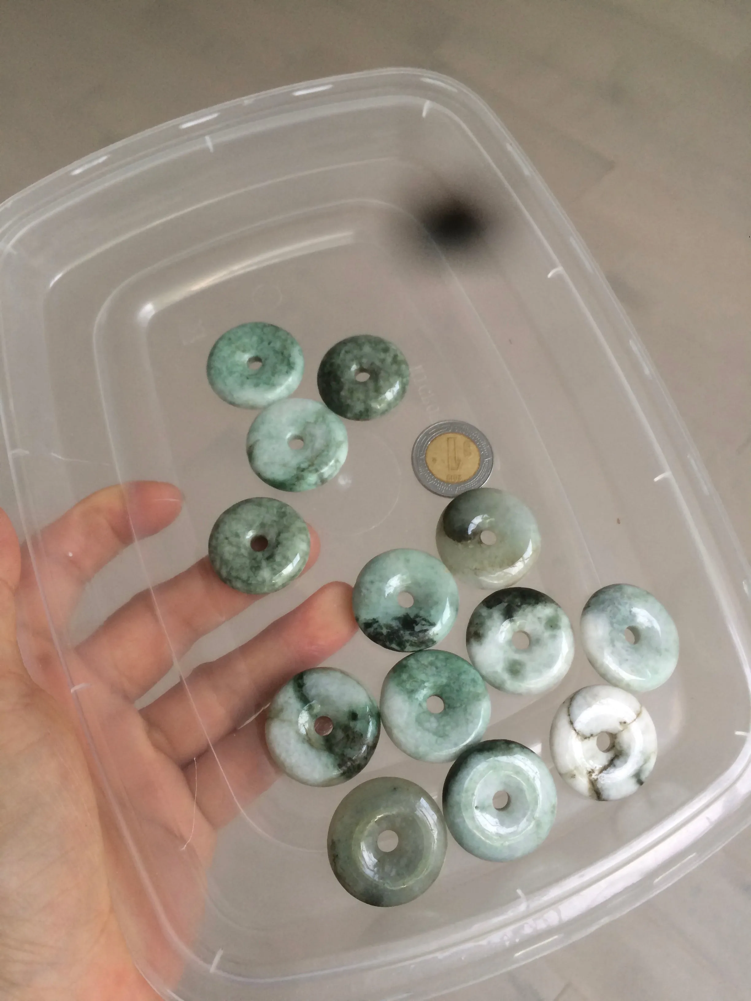 24-25mm Type A 100% Natural dark green/white Jadeite Jade Safety Guardian Button donut Pendant group AK40-1 (Add-on items)