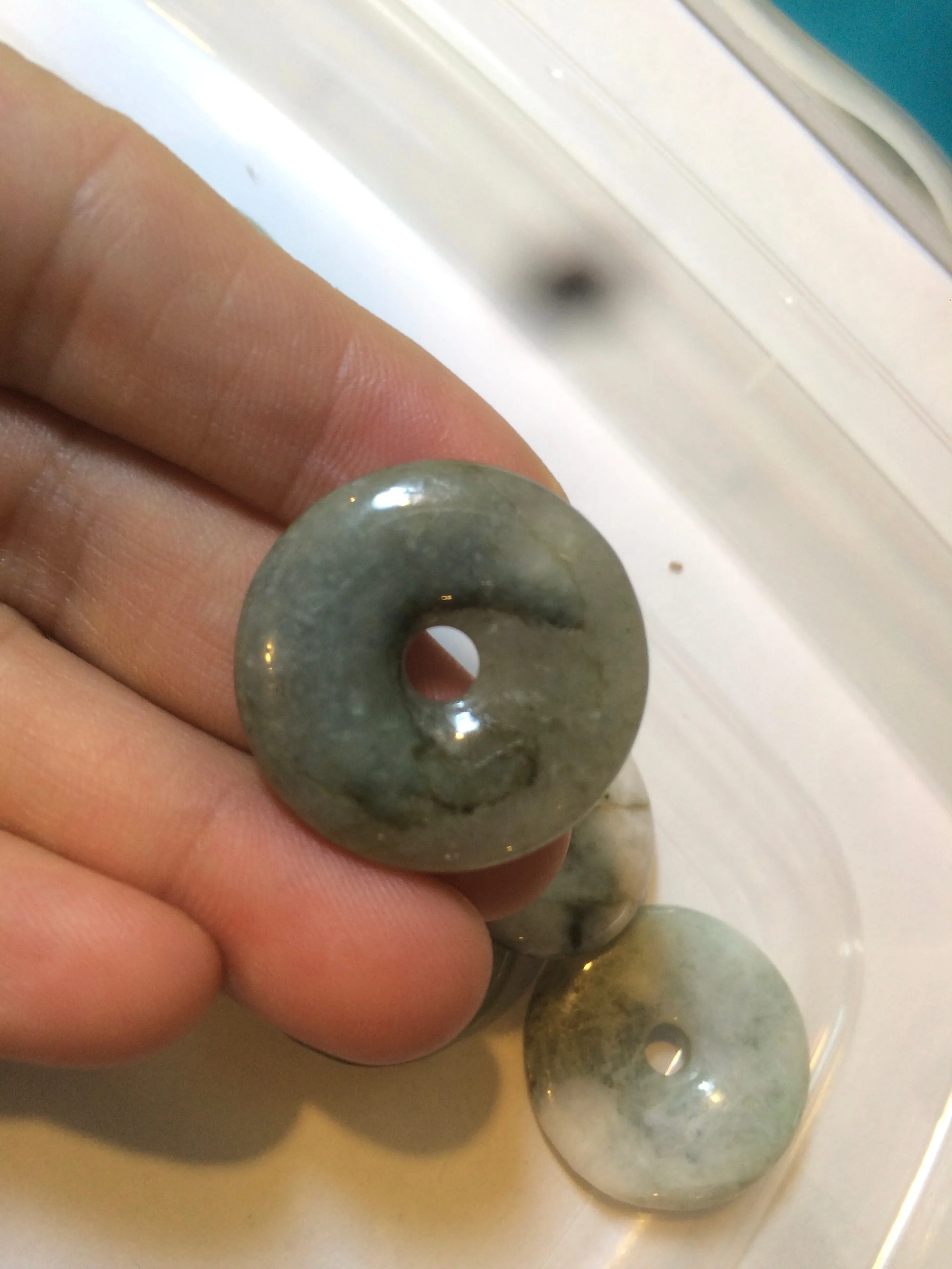 24-25mm Type A 100% Natural dark green/white Jadeite Jade Safety Guardian Button donut Pendant group AK40-1 (Add-on items)