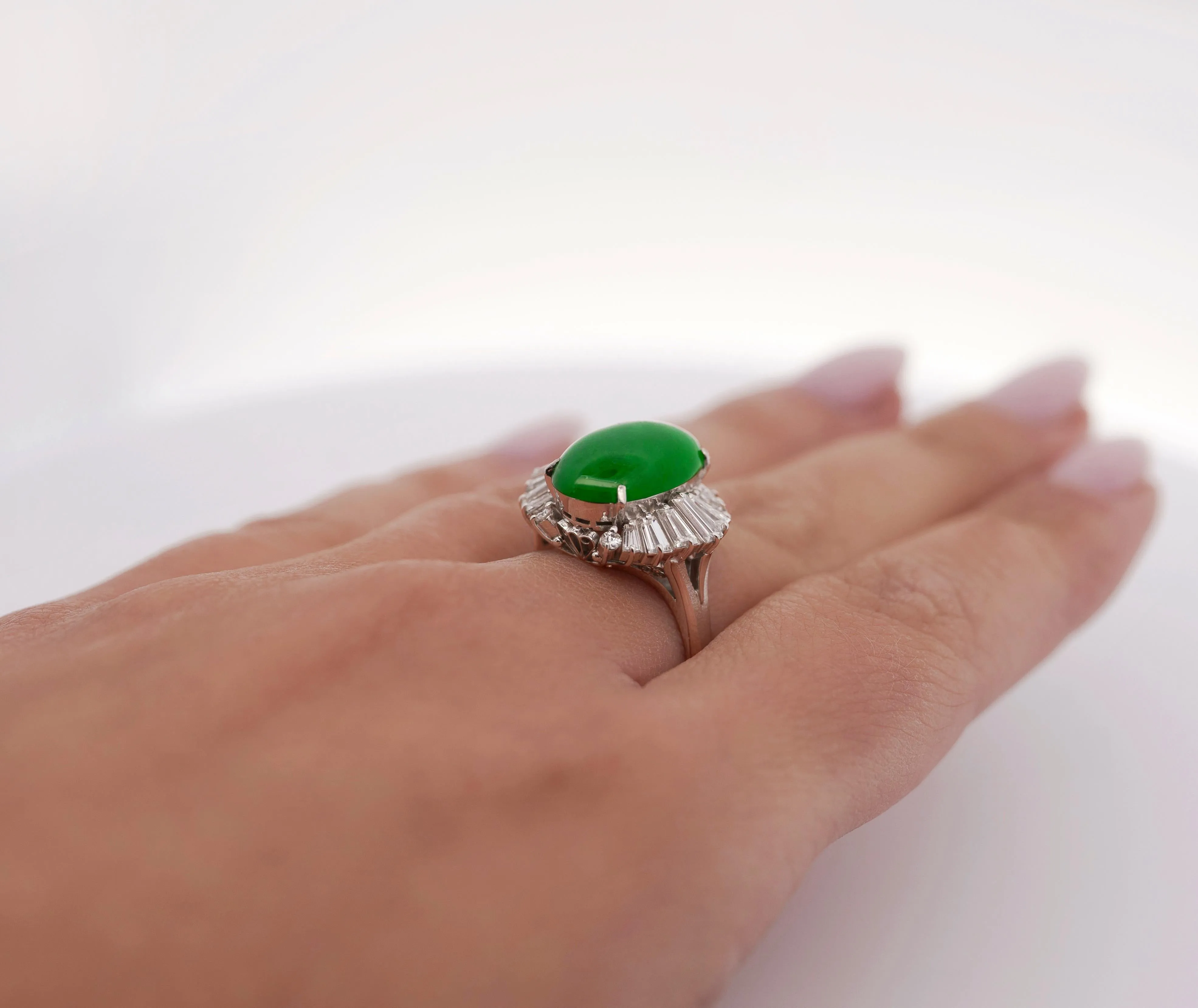 5.32 Carat Natural Jadeite Jade and Diamond Filigree Platinum Ballerina Ring