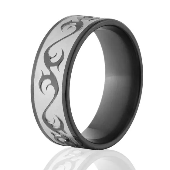 8mm Tribal Design Ring, Black Zirconium Rings