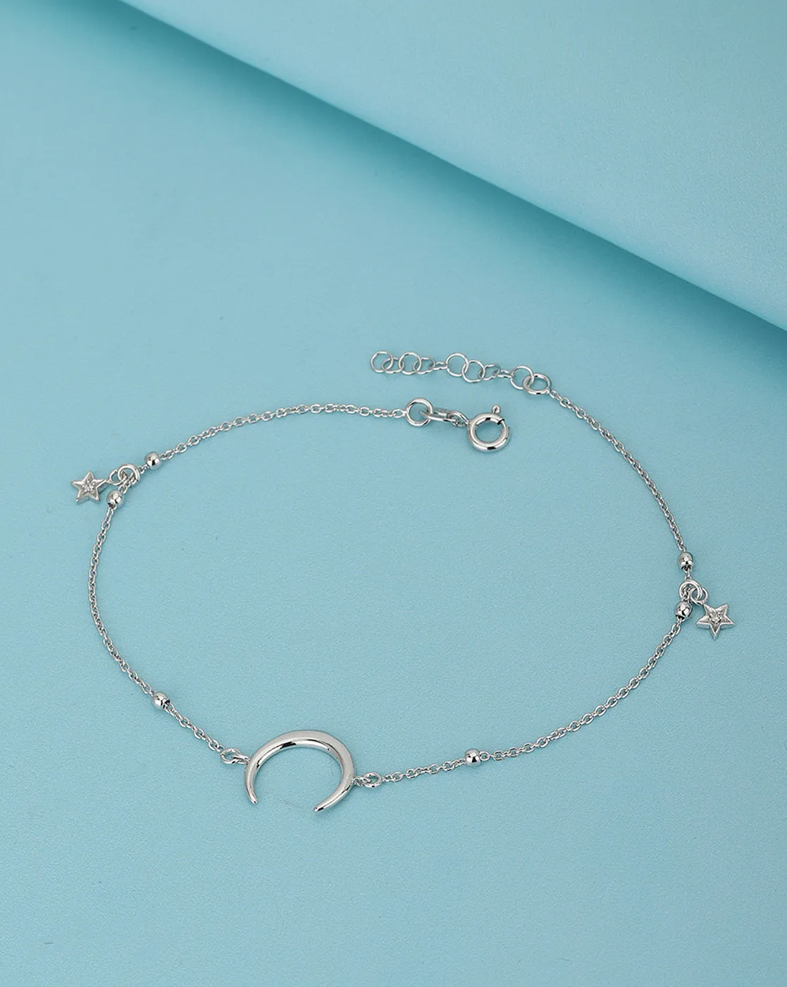 925 Sterling Silver Moon With Dangling Star Rhodium Plated Adjustable Charm Anklet