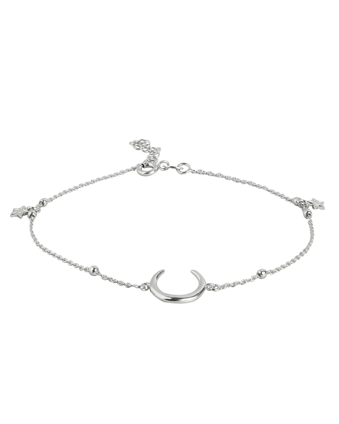 925 Sterling Silver Moon With Dangling Star Rhodium Plated Adjustable Charm Anklet