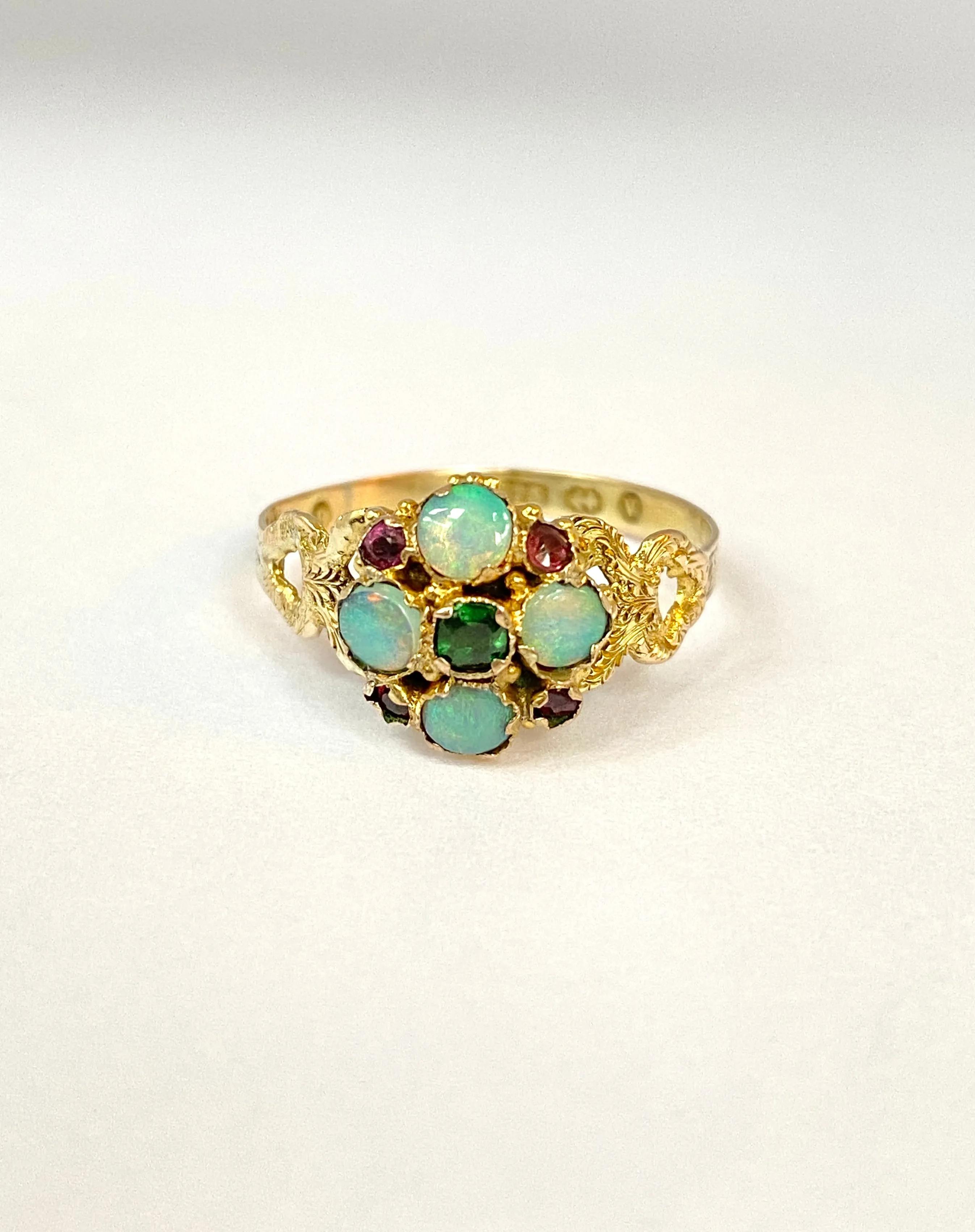 9ct Gold, Antique, Victorian Opal, Emerald and Almandine Garnet Ring, Hallmarked Birmingham, 1870