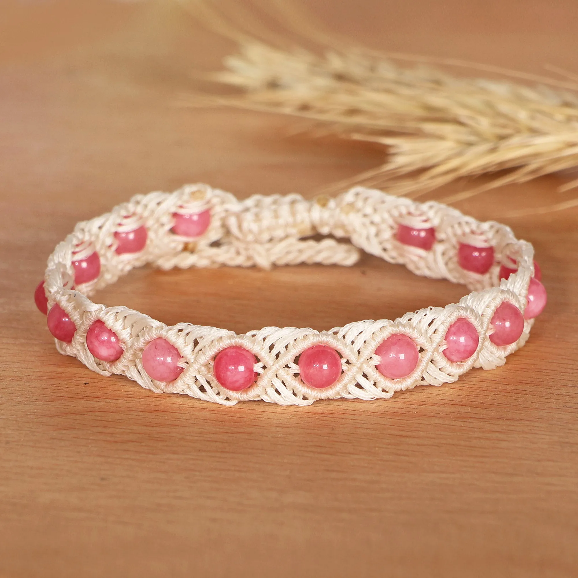 Agate Beaded Macrame Anklet in Pink and White from Armenia - Precious Pink | NOVICA