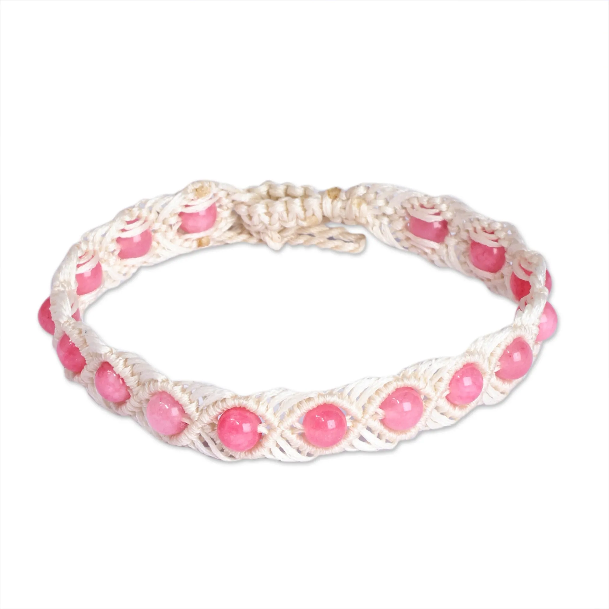 Agate Beaded Macrame Anklet in Pink and White from Armenia - Precious Pink | NOVICA