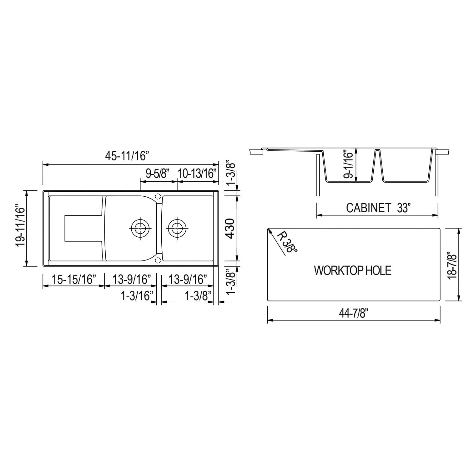 ALFI AB4620DI-T Titanium 46" 2x Bowl Granite Comp Kitchen Sink with Drainboard