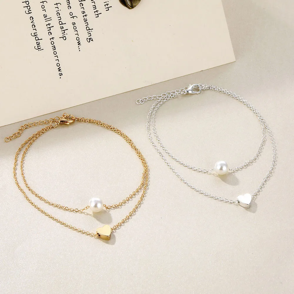 Alloy Double Layer Love Beach Anklet Female Pearl