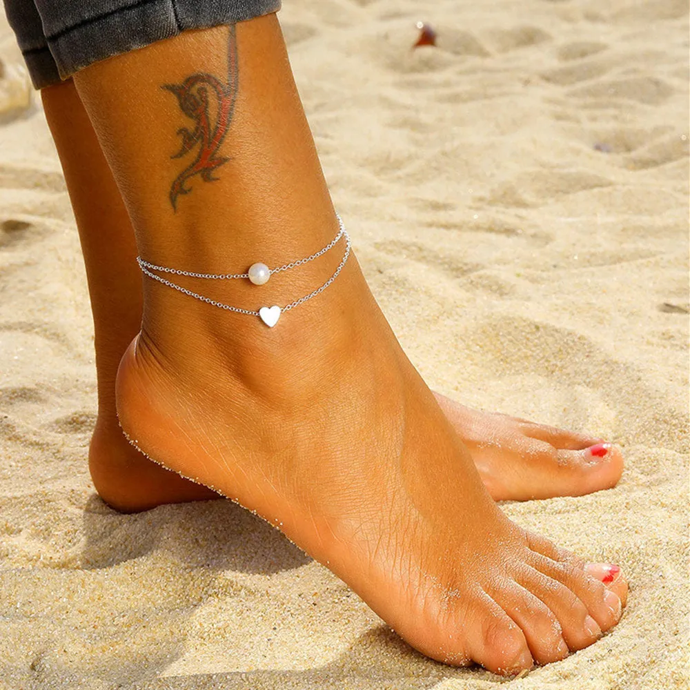 Alloy Double Layer Love Beach Anklet Female Pearl