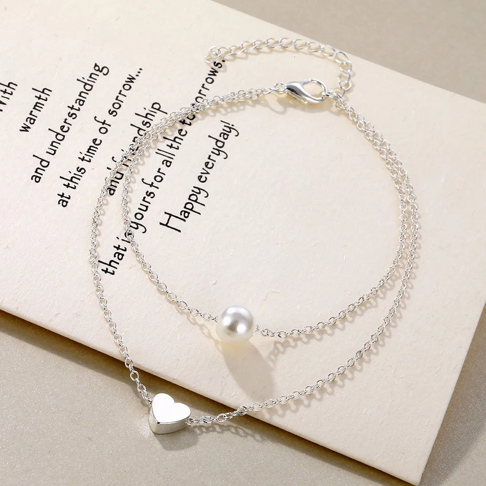 Alloy Double Layer Love Beach Anklet Female Pearl