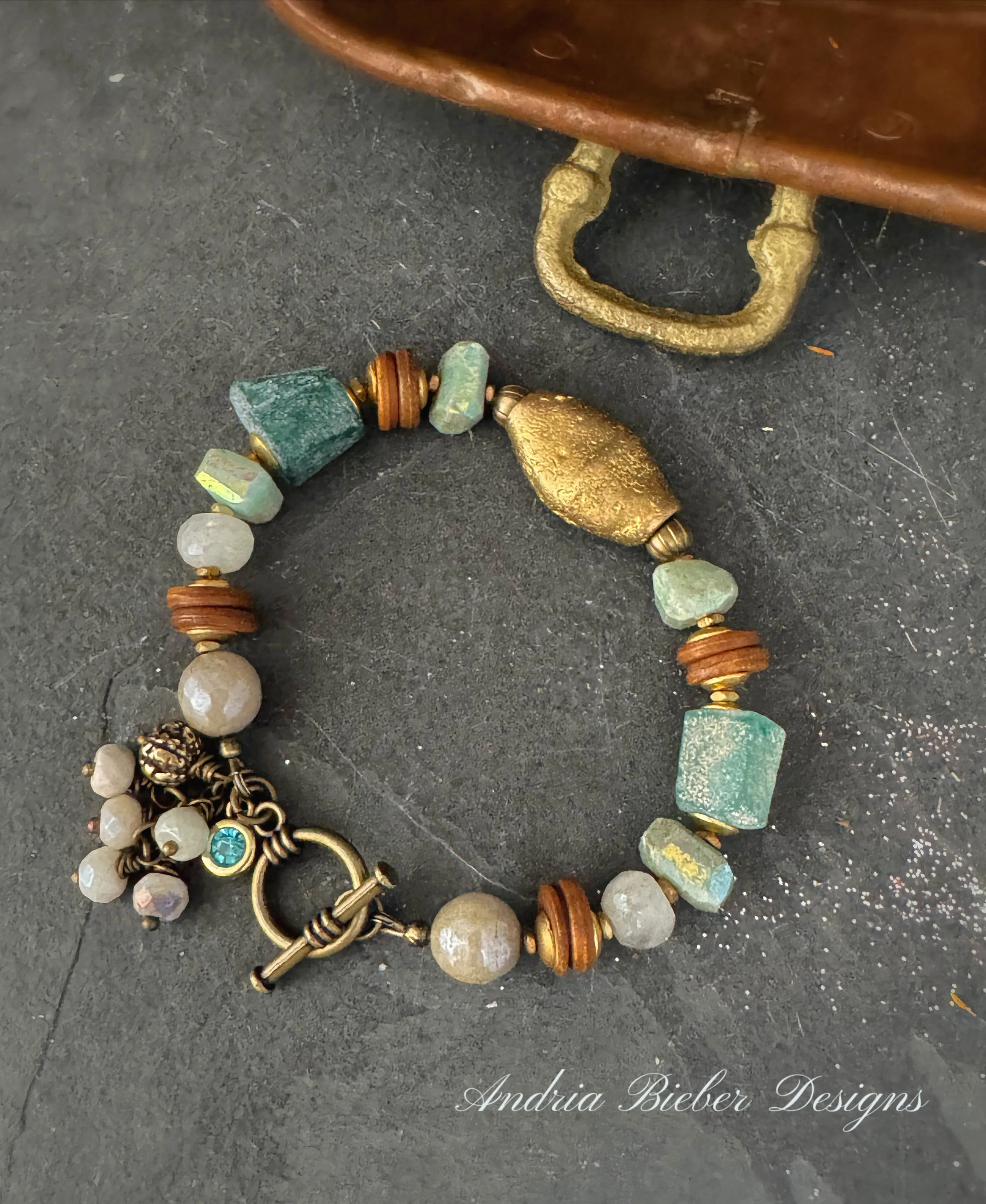 Amazonite luster stone, moonstone, african brass, roman glass, bone, bracelet.