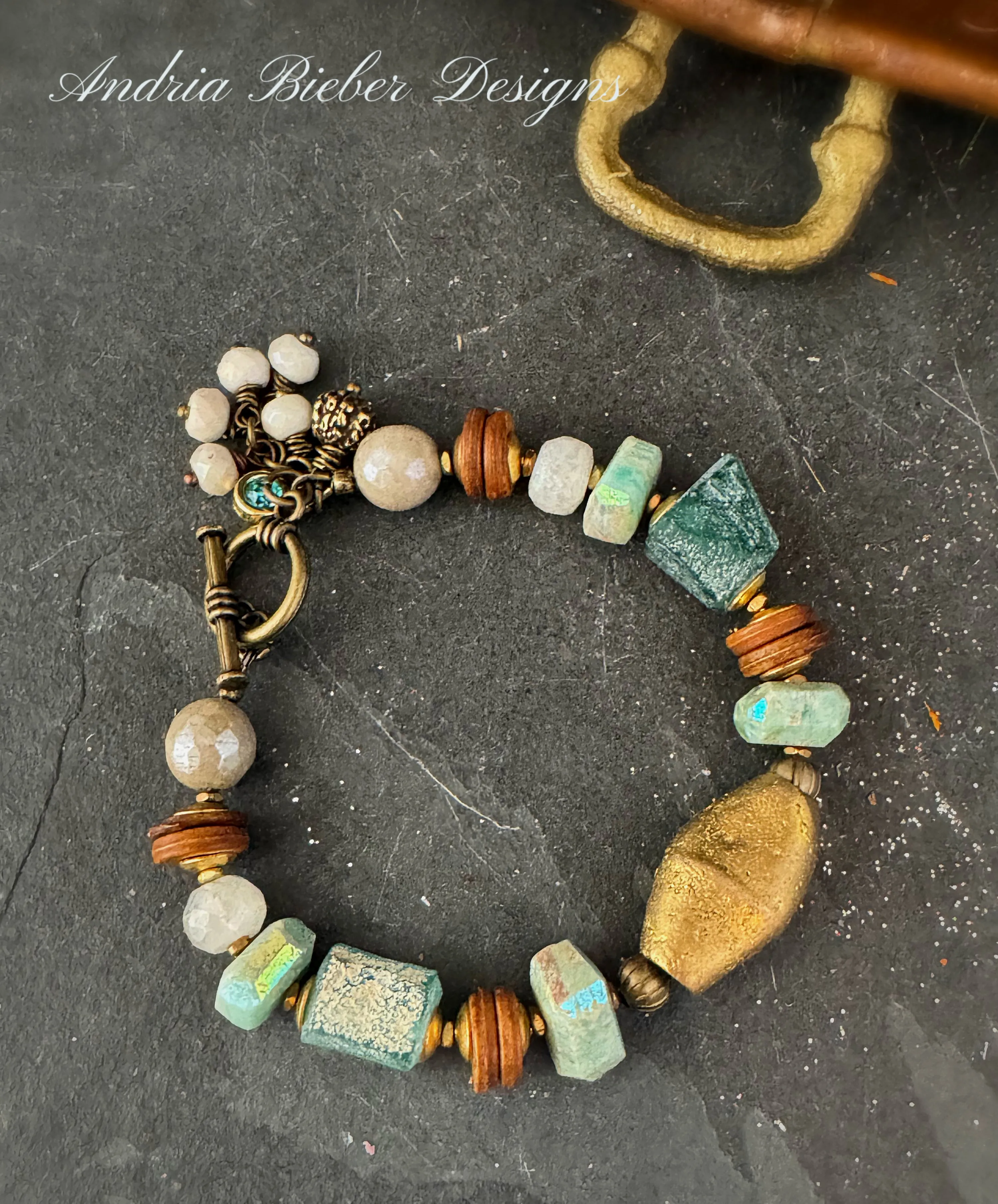 Amazonite luster stone, moonstone, african brass, roman glass, bone, bracelet.