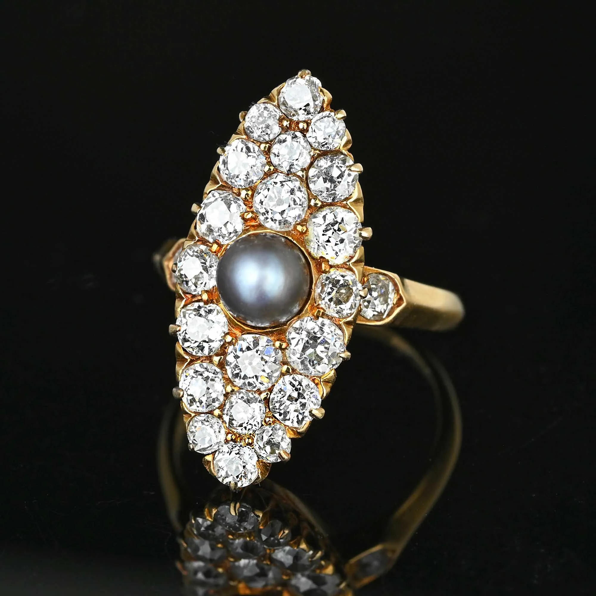 Antique Gray Pearl Mine Cut Diamond Navette Ring in Gold