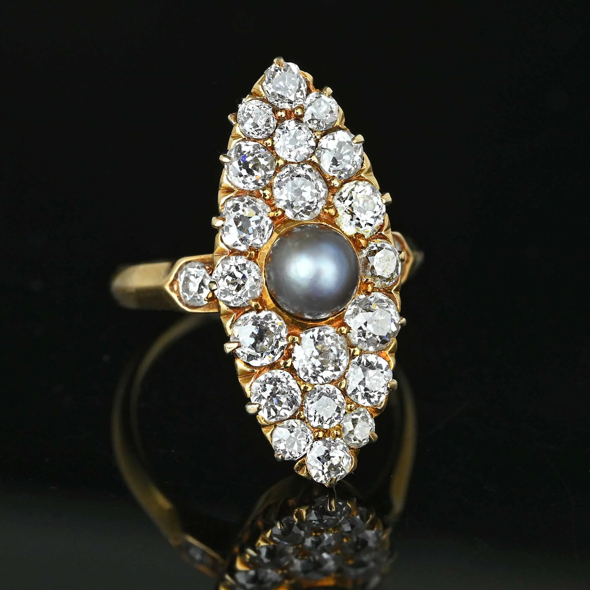 Antique Gray Pearl Mine Cut Diamond Navette Ring in Gold