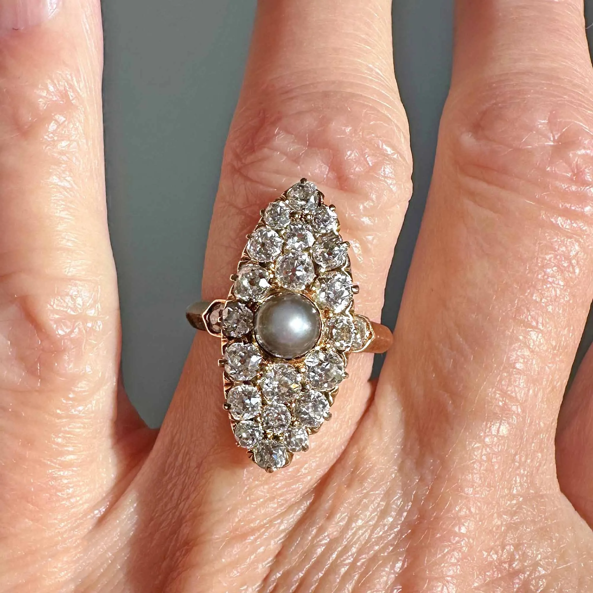 Antique Gray Pearl Mine Cut Diamond Navette Ring in Gold