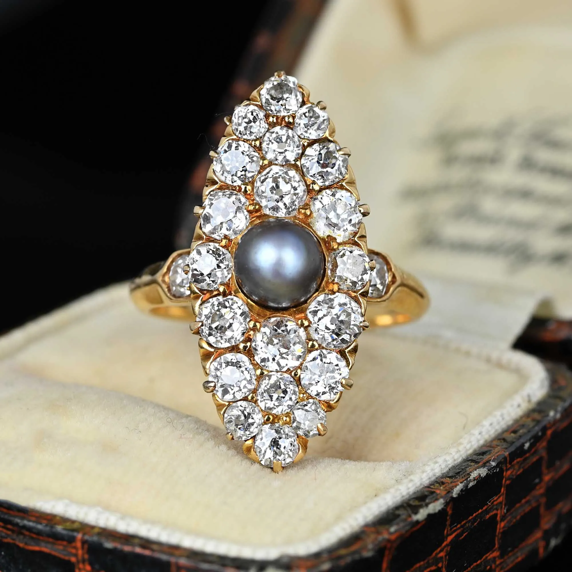 Antique Gray Pearl Mine Cut Diamond Navette Ring in Gold