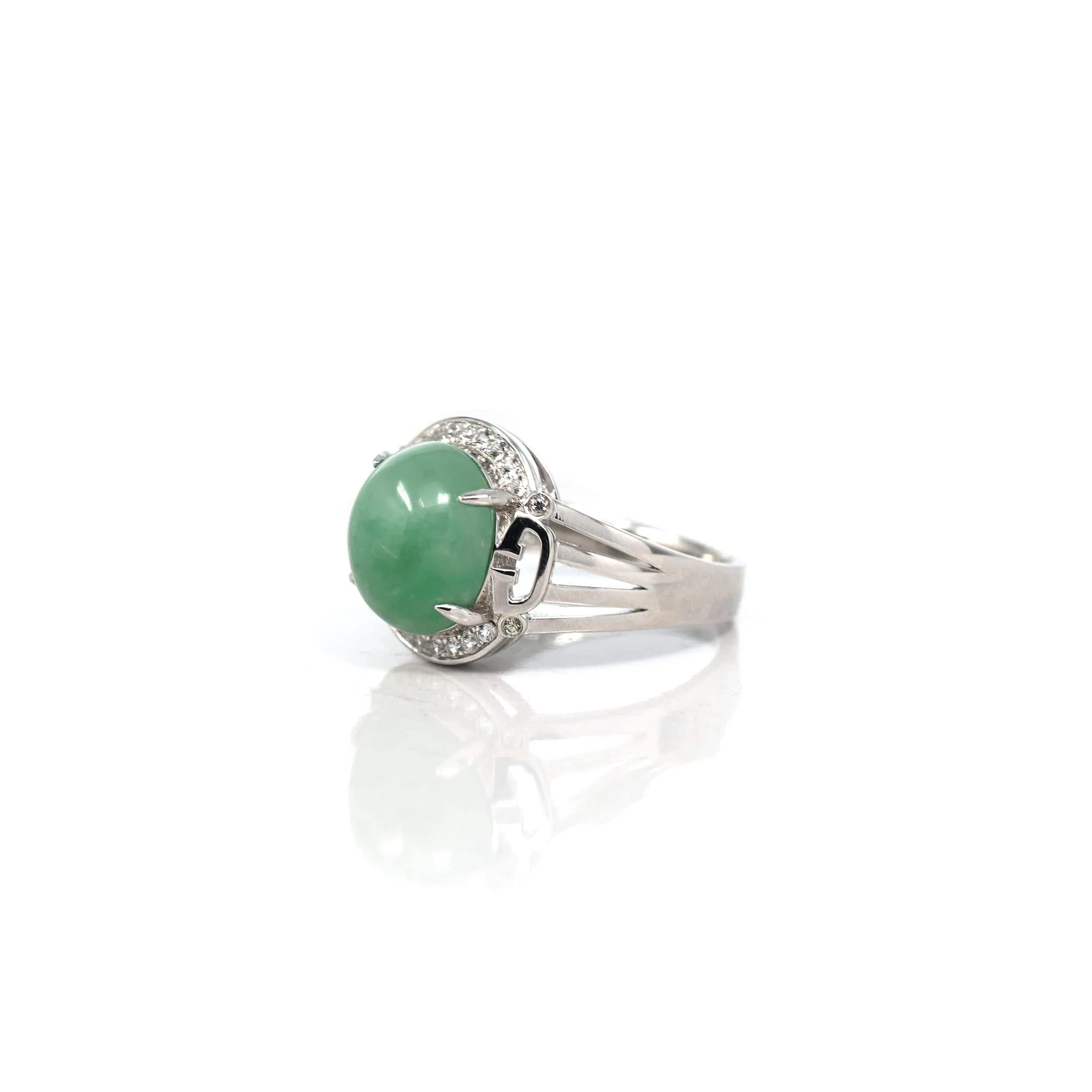 Baikalla™ Sterling Silver Natural Imperial Green Oval Jadeite Jade Ring With White Sapphire