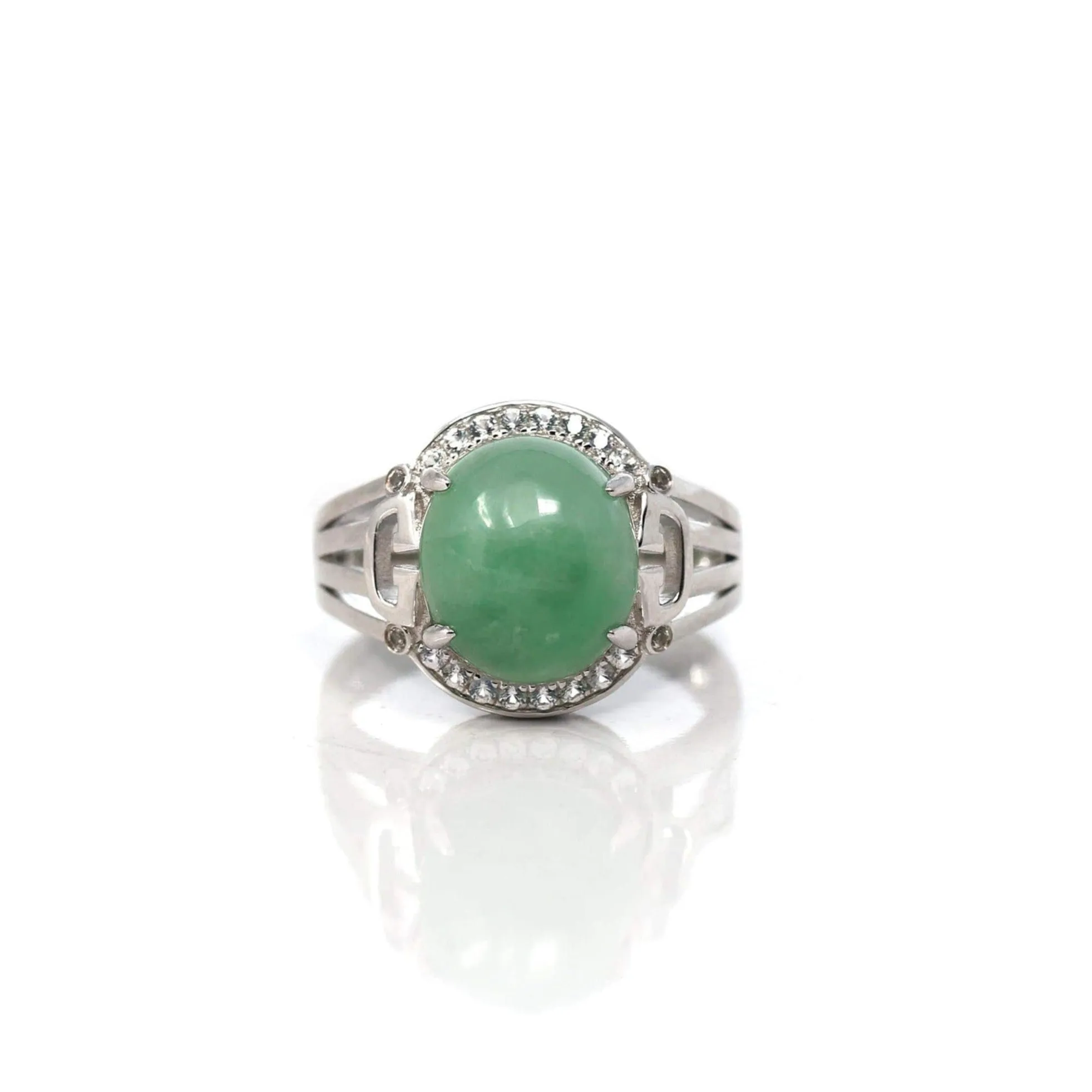 Baikalla™ Sterling Silver Natural Imperial Green Oval Jadeite Jade Ring With White Sapphire