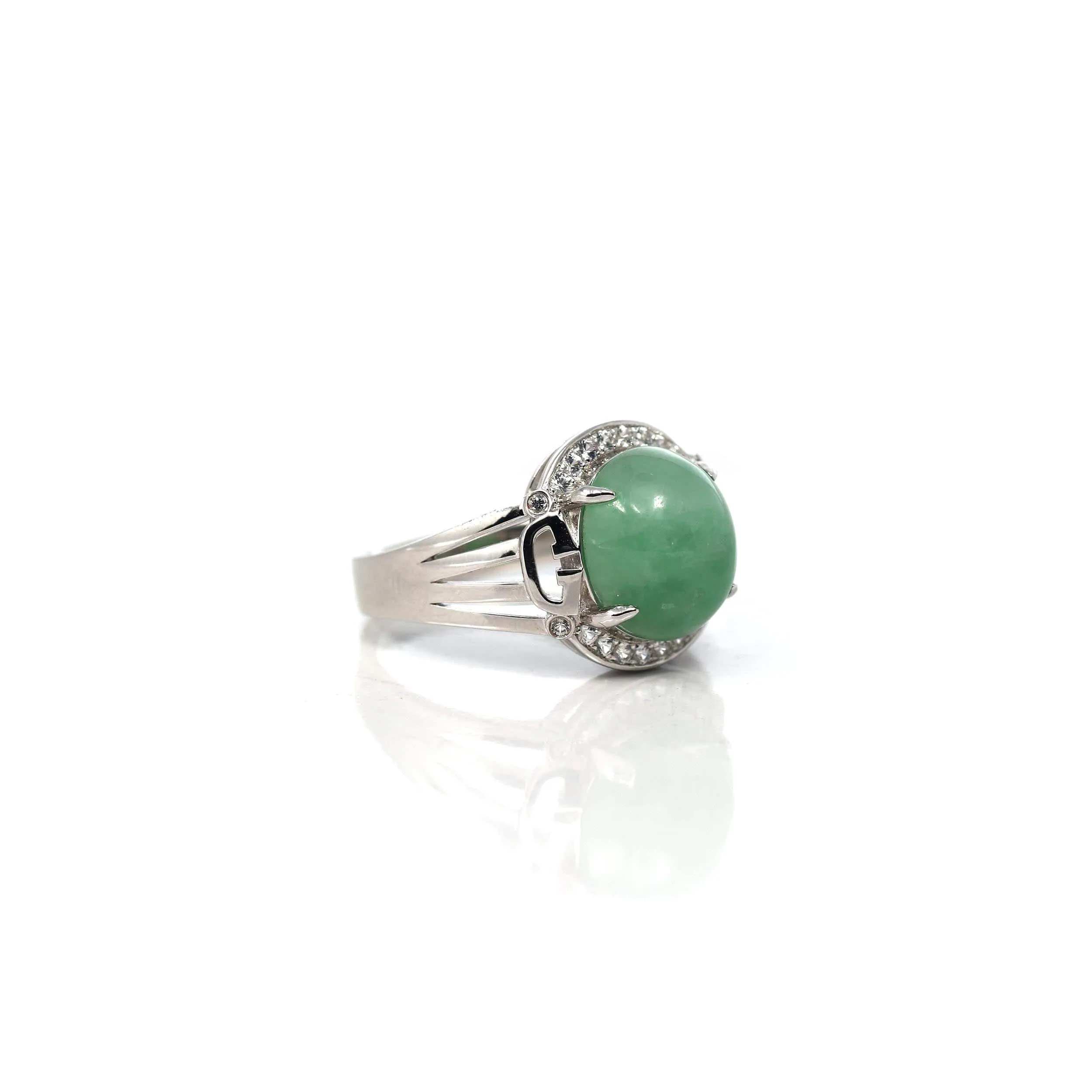 Baikalla™ Sterling Silver Natural Imperial Green Oval Jadeite Jade Ring With White Sapphire