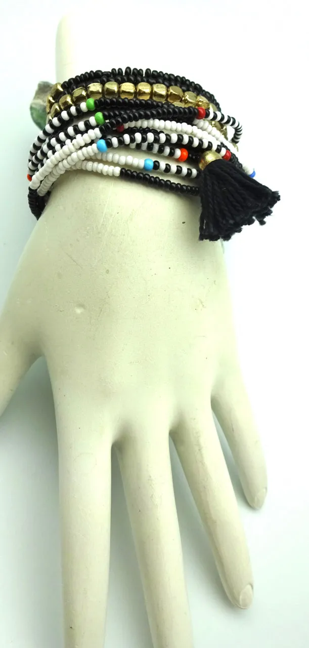 Black & White Unity African Seed Bead Fair Trade Stretch Wrap Bracelet