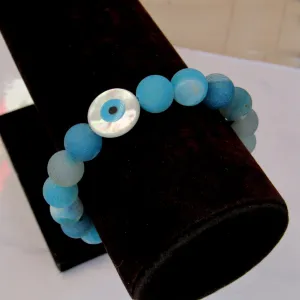 Blue Agates, Aquamarine gemstone, and mother of Pearl Evil Eye Bracelet