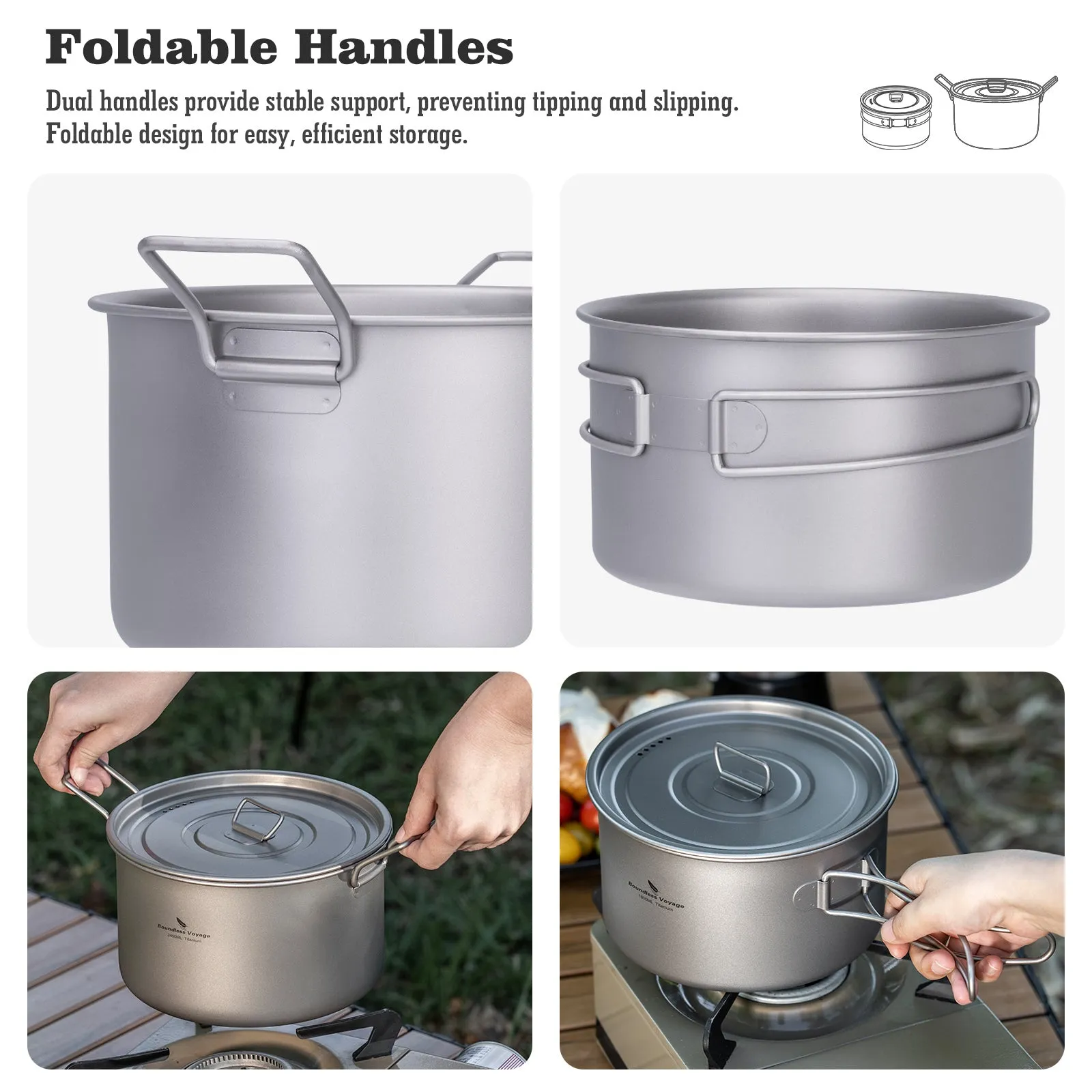 Boundless Voyage Titanium 4pcs Camping Cookware Mess Kit, Camping Cooking Set and Kettle for Outdoor Camping, Picnic, Hiking, Backpacking