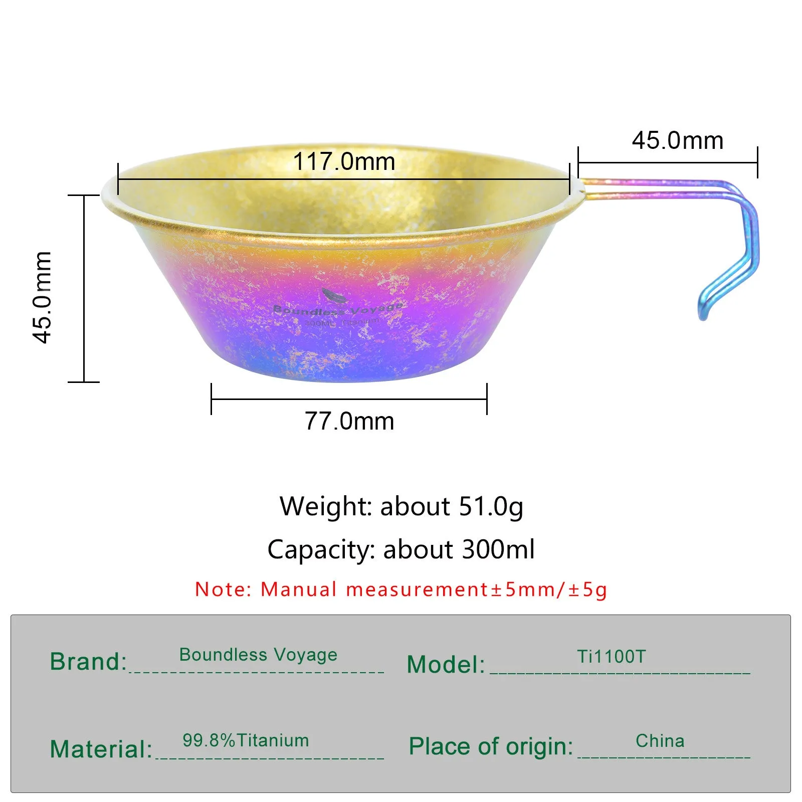 Boundless Voyage Titanium Colorful Sierra Cup Bowl with Handle Outdoor Camping Hiking Portable Mug Pan Tableware 300ml