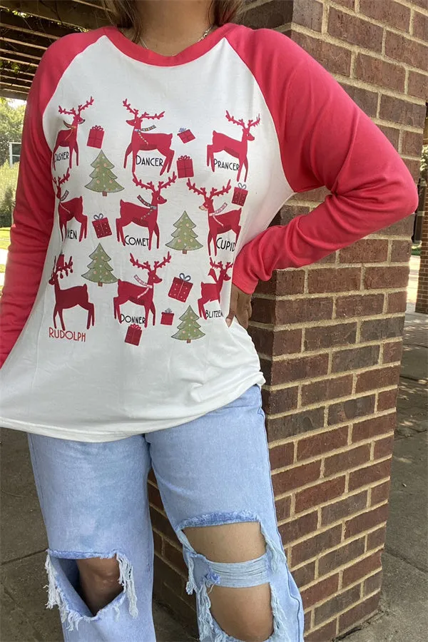 BQ15651 Christmas trees&reindeer printed coral long sleeve raglan design women tops