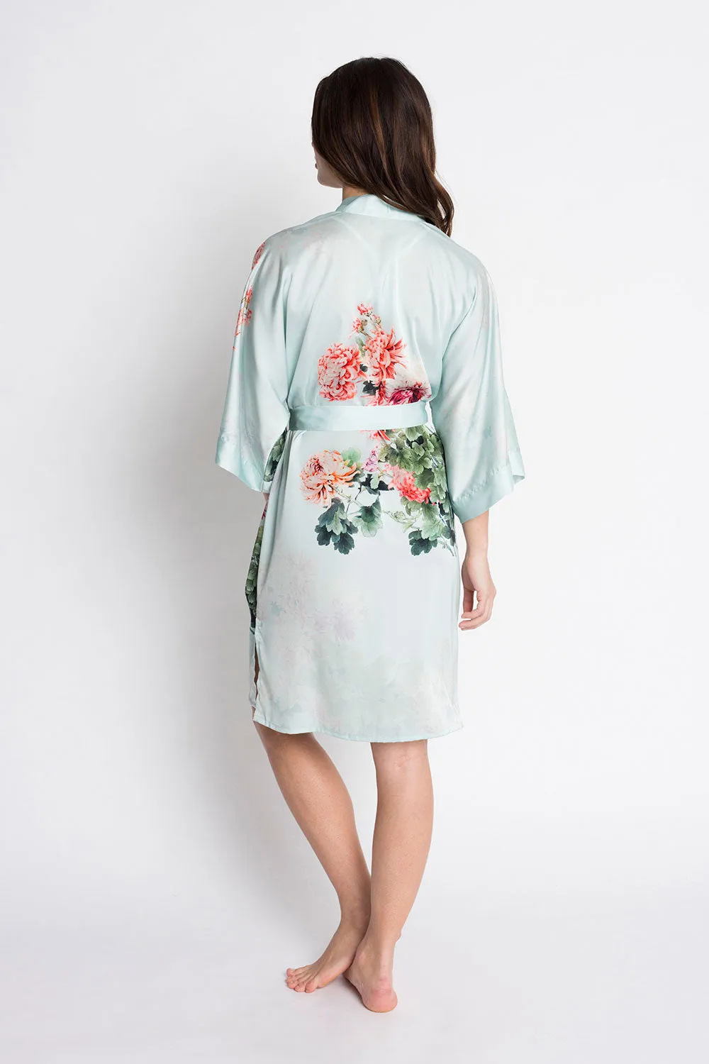 Coral Chrysanthemum Short Kimono Robe