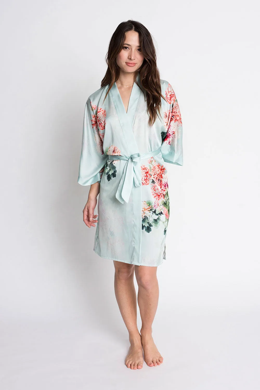 Coral Chrysanthemum Short Kimono Robe