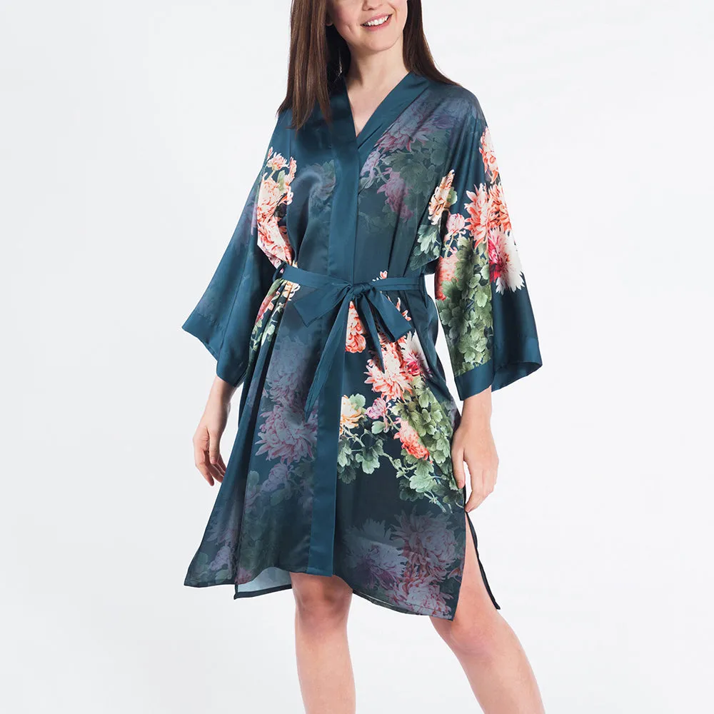 Coral Chrysanthemum Short Kimono Robe