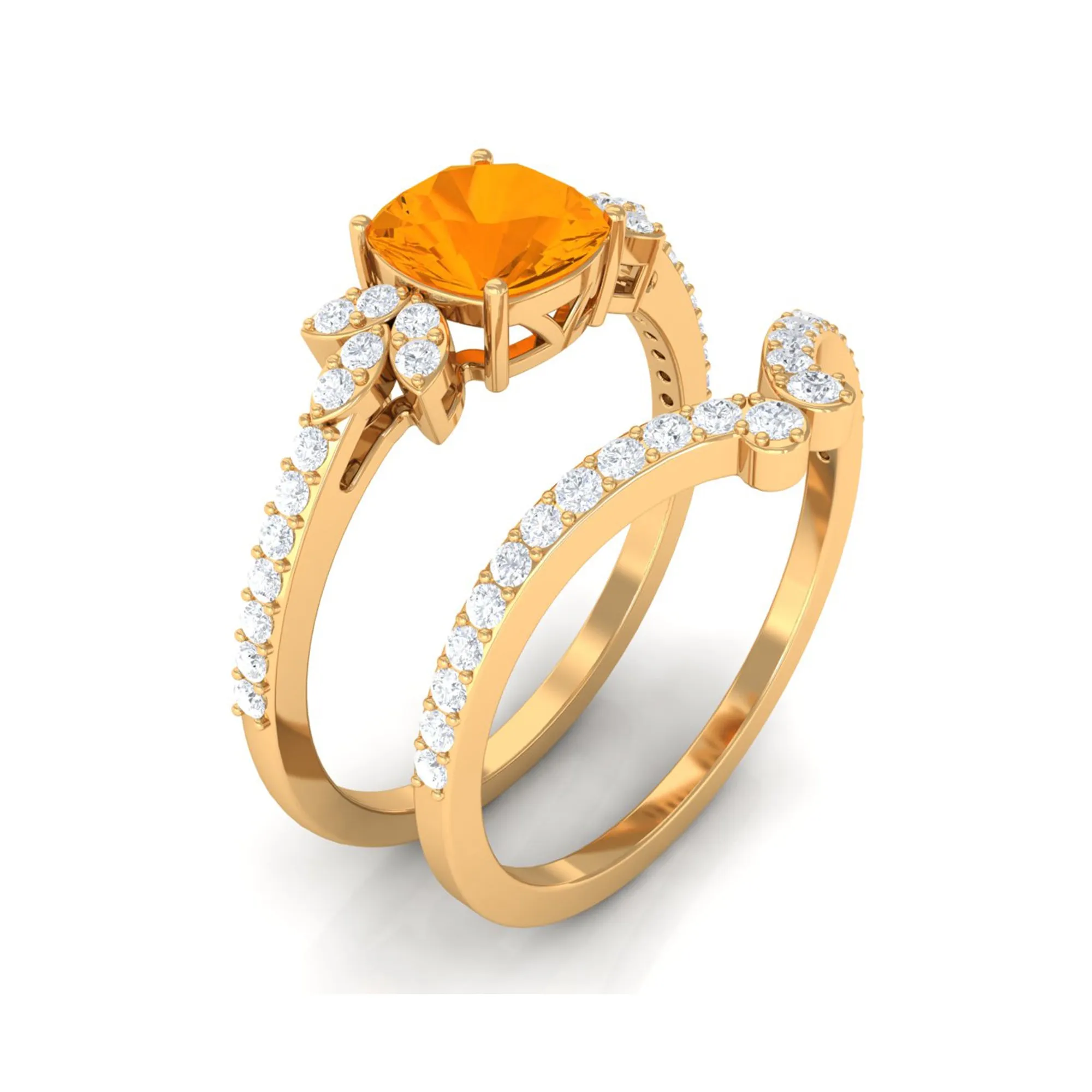 Cushion Cut Fire Opal and Diamond Bridal Ring Set