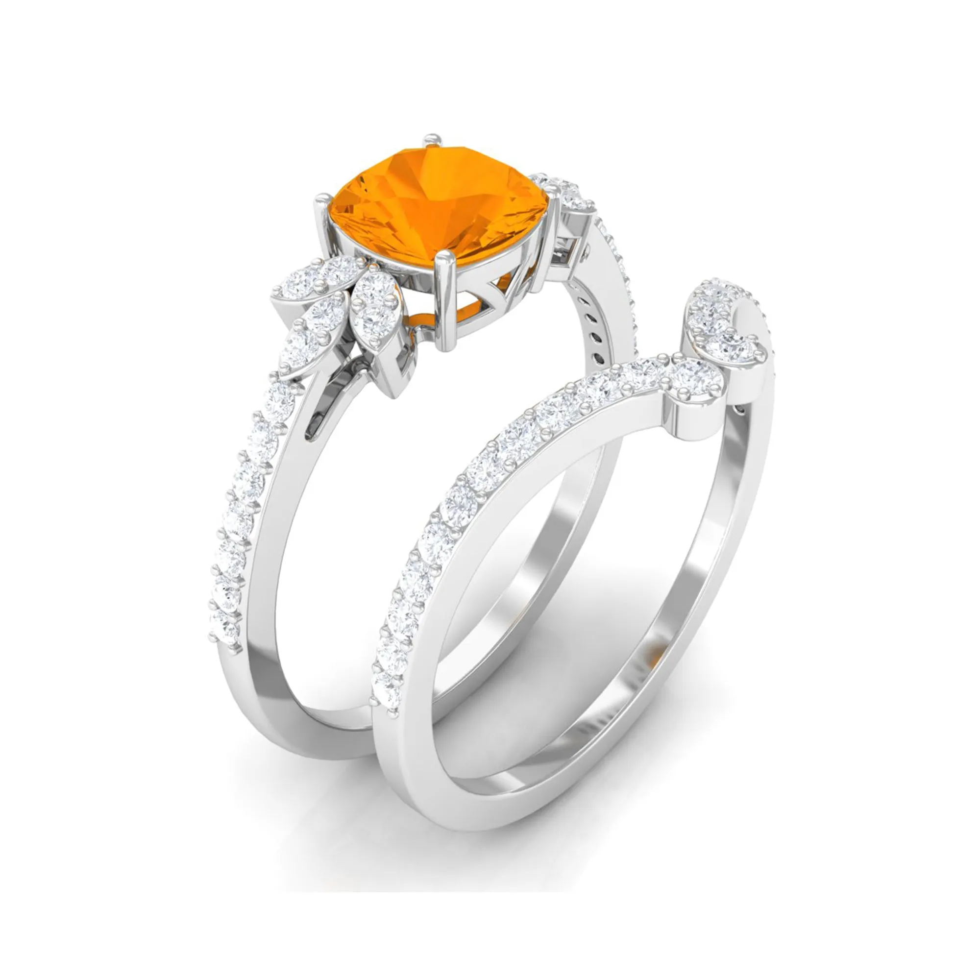 Cushion Cut Fire Opal and Diamond Bridal Ring Set