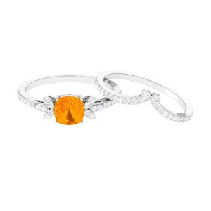 Cushion Cut Fire Opal and Diamond Bridal Ring Set