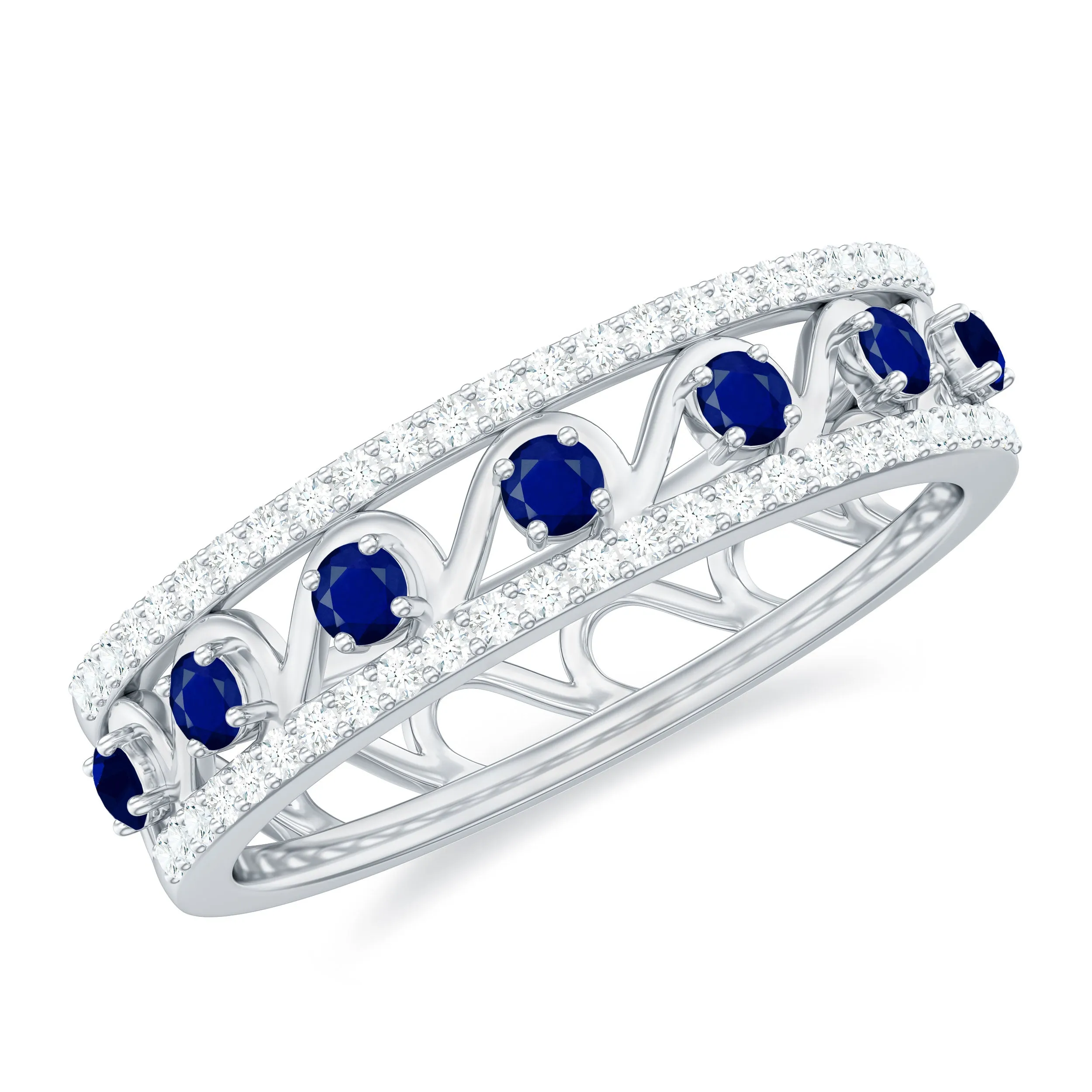 Designer Blue Sapphire and Diamond Half Eternity Band Ring